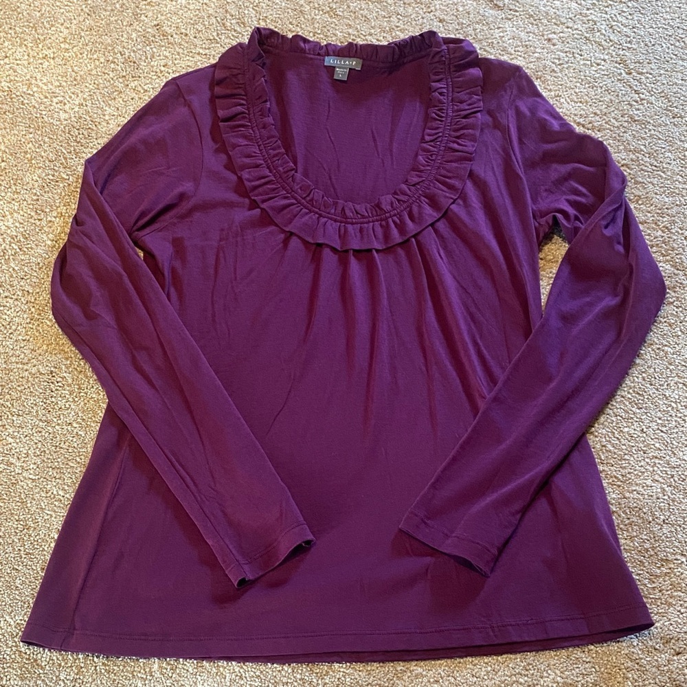 Lilla P Ruffle Scoop Neck L/S Pima Cotton T-Shirt Purple Made in Peru Size LARGE